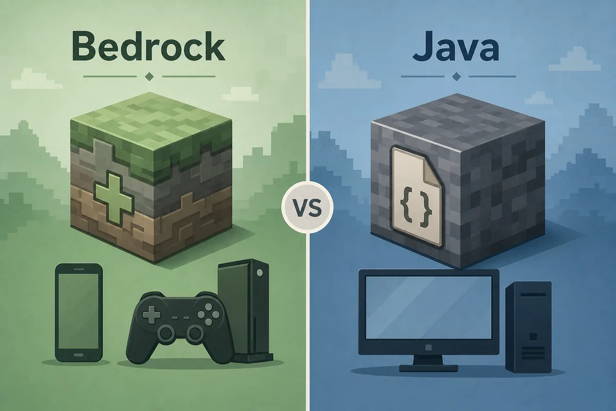 Editorial comparison graphic separating Minecraft Bedrock horror addons from Java horror mods