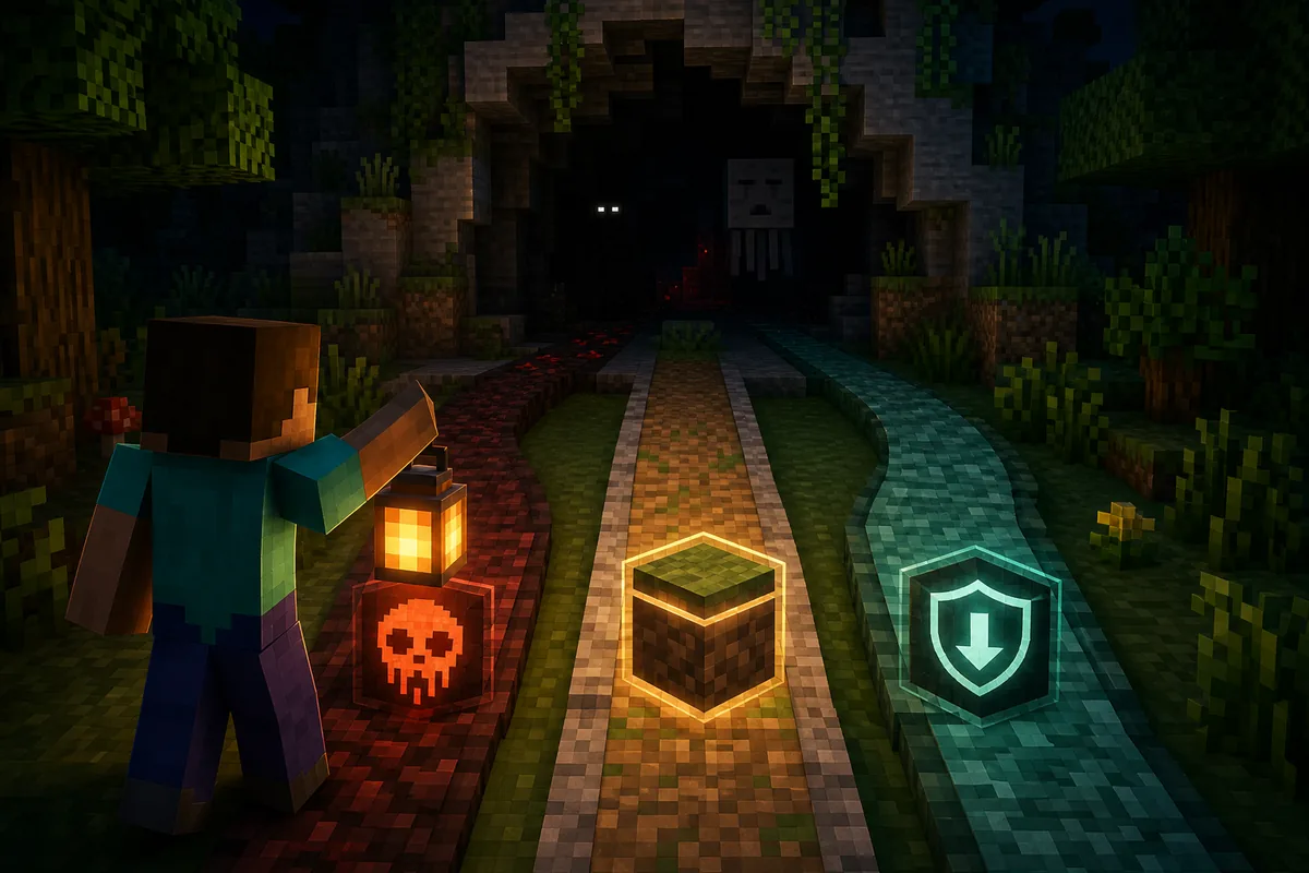 Editorial Minecraft horror mod selection scene with a player choosing between scary style, edition match, and safe source checks