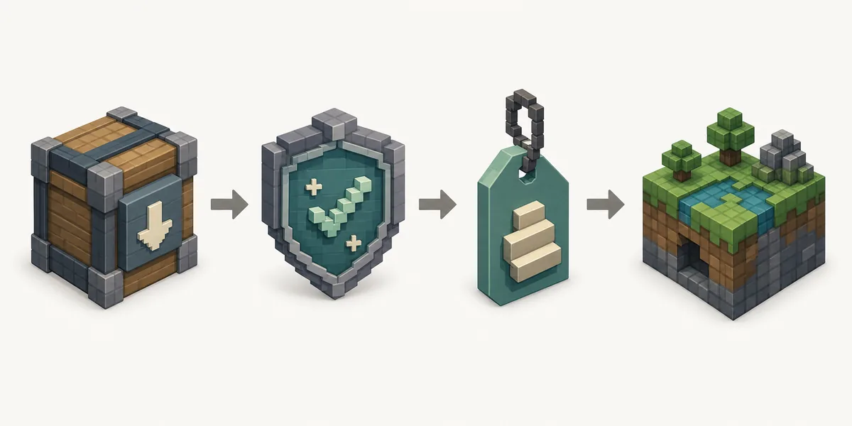 Text-free editorial checklist showing file, safety, version, and test world checkpoints for Minecraft horror mods