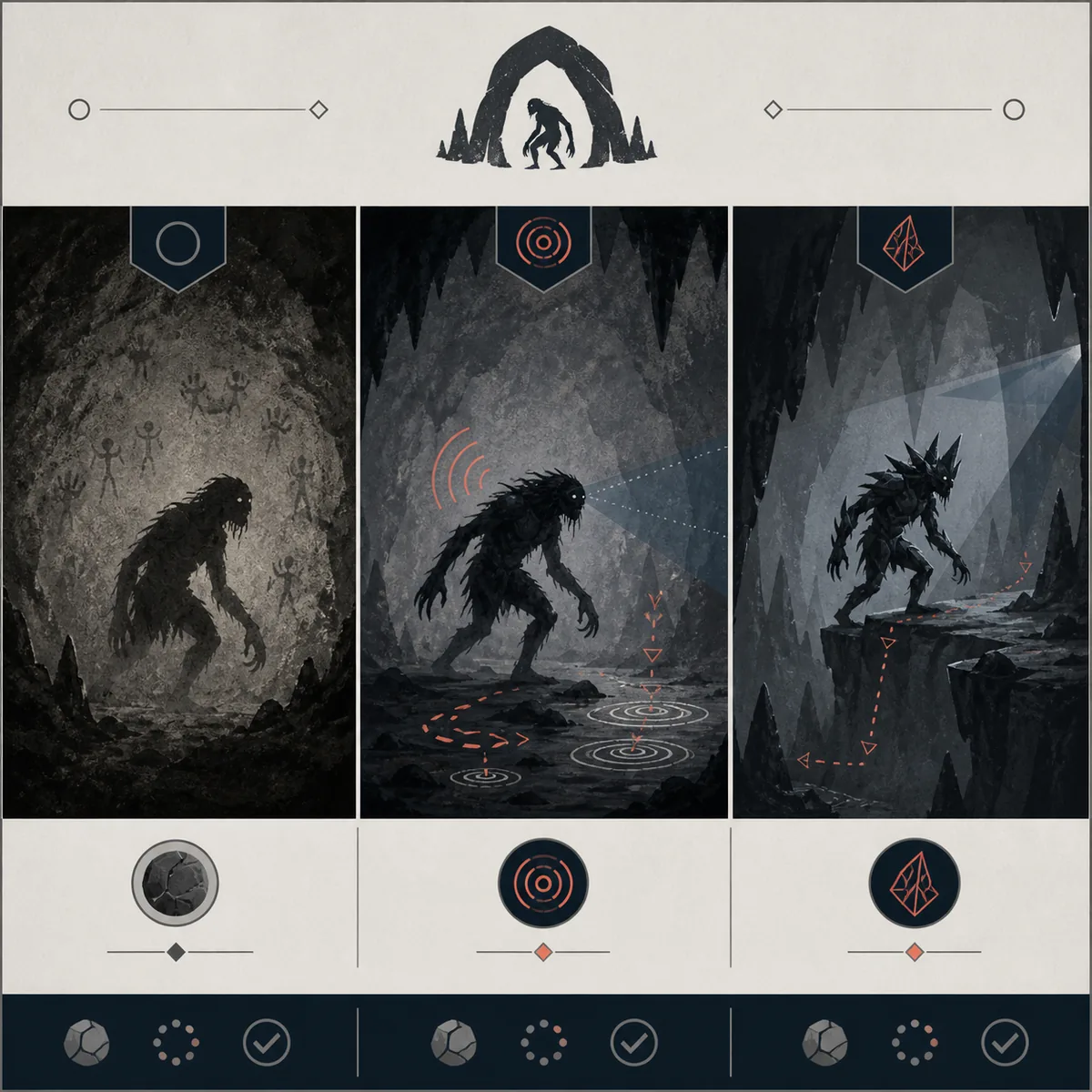 Editorial comparison graphic separating original, Reimagined, and Evolved Cave Dweller variant paths