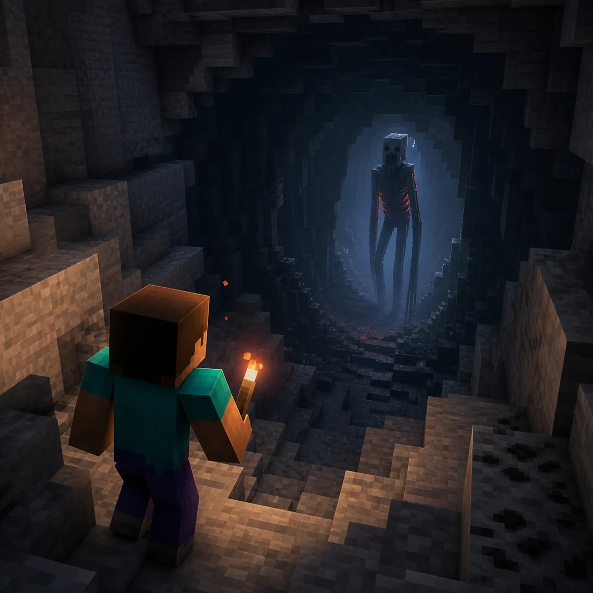 Editorial illustration of a Minecraft player observing a Cave Dweller Reimagined creature in a deep cave
