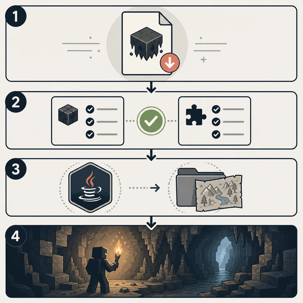 Editorial four-step flow from source check to version match, separate profile, and test cave