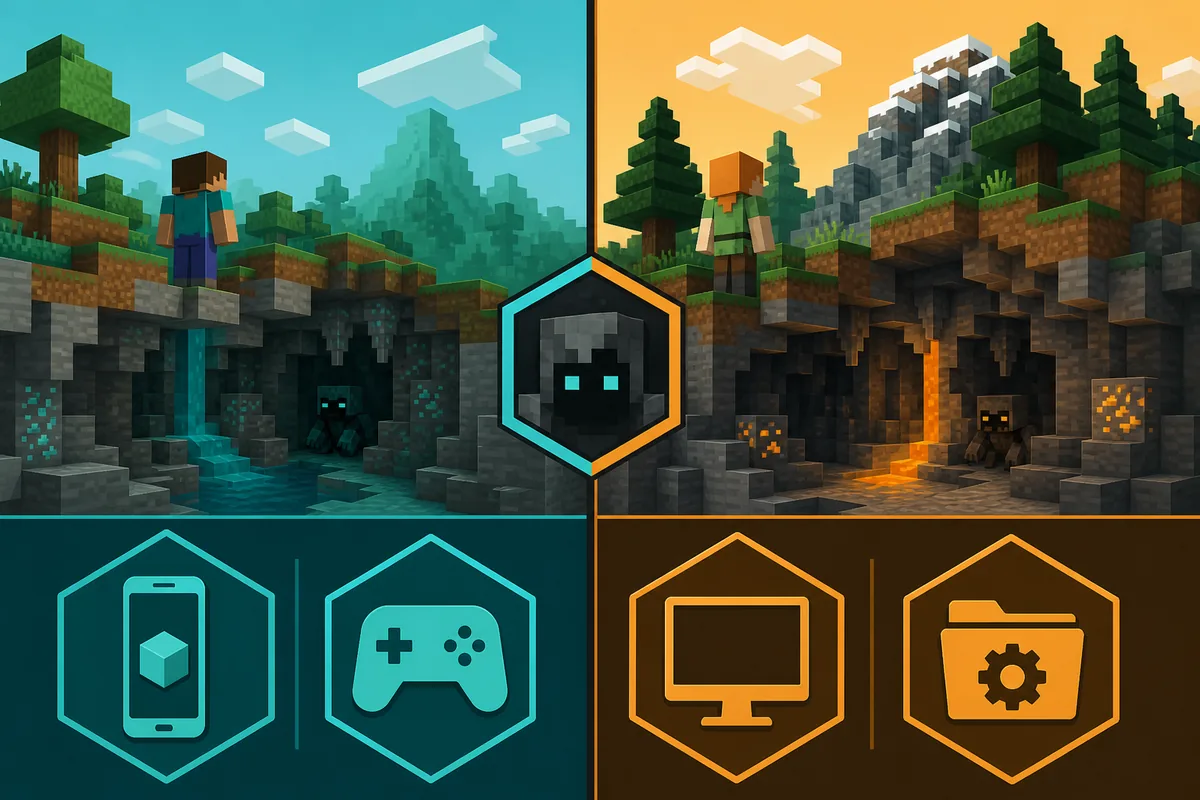 Illustrative comparison of Bedrock addon and Java mod paths for Cave Dweller-style Minecraft horror content