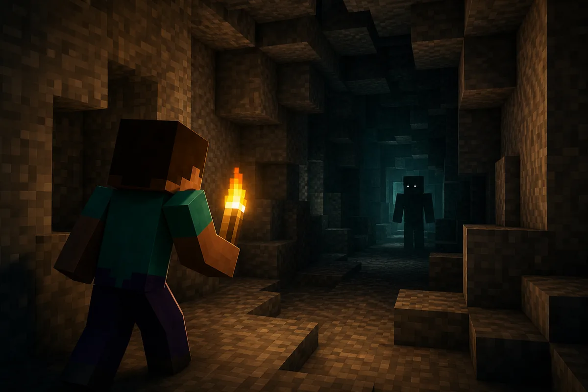 Illustrative Minecraft-style cave scene with a player checking a distant Cave Dweller silhouette before downloading the mod
