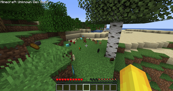 Official Cosmic Horror Modrinth gallery screenshot showing an altered Minecraft landscape and a first-person player view