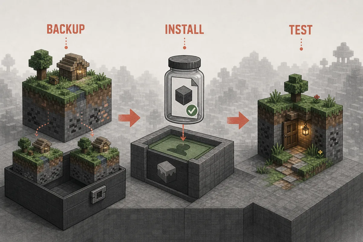 Editorial three-step graphic showing a backed-up block world, a verified install file, and an isolated test world