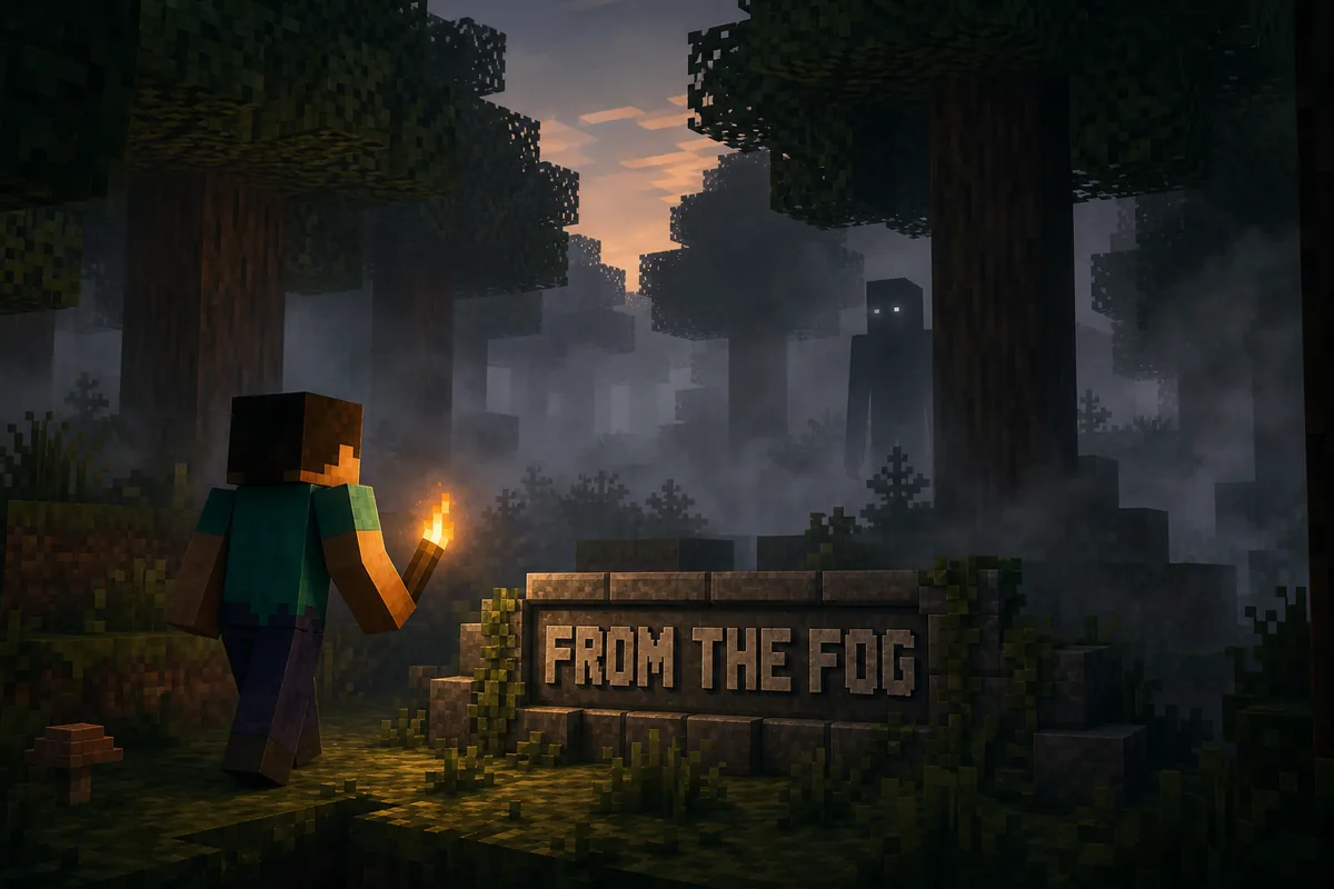 Editorial block-world scene showing a torch-bearing explorer noticing a distant figure through forest fog