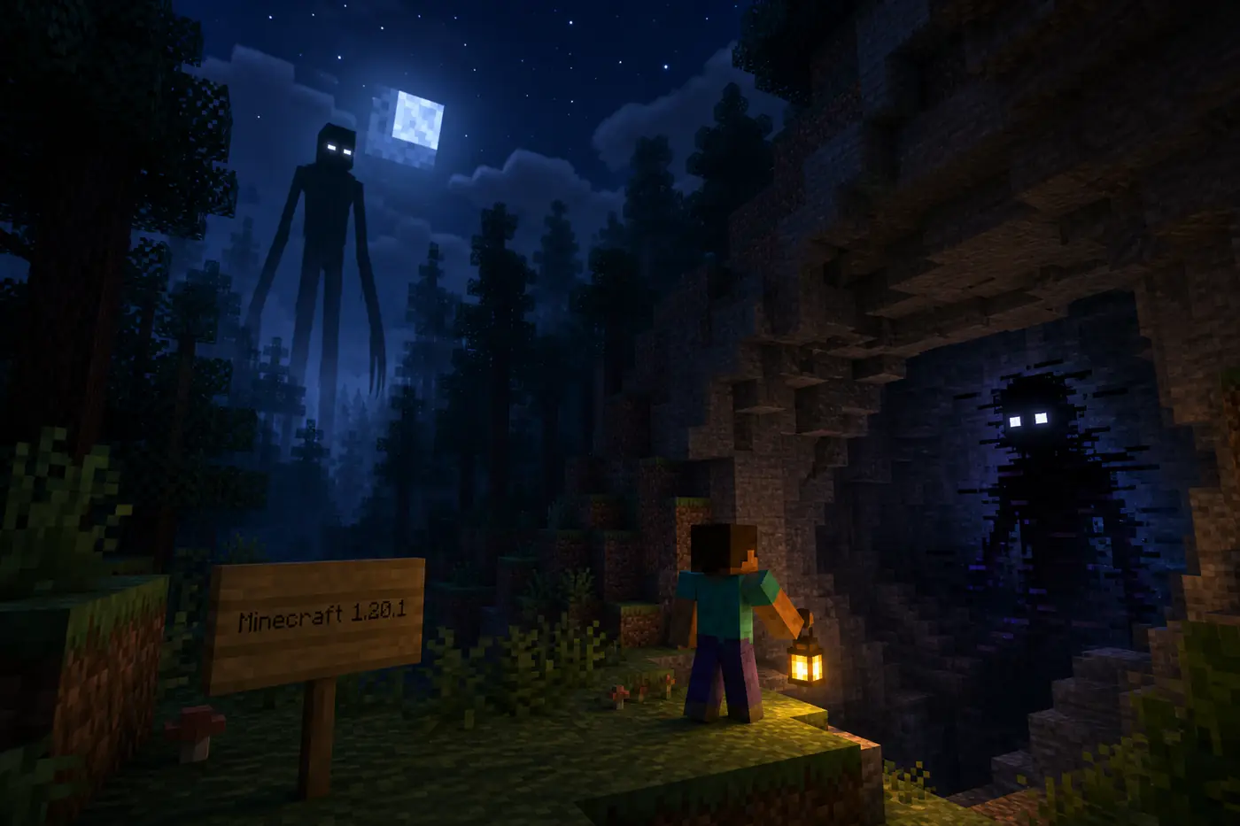 Conceptual editorial illustration of a Minecraft 1.20.1 Java horror mod guide with a forest stalker, cave creature, lantern, and labeled sign