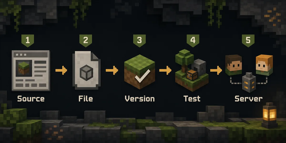 Editorial flow showing source, file, version, test world, and server checks for Minecraft dwellers mods