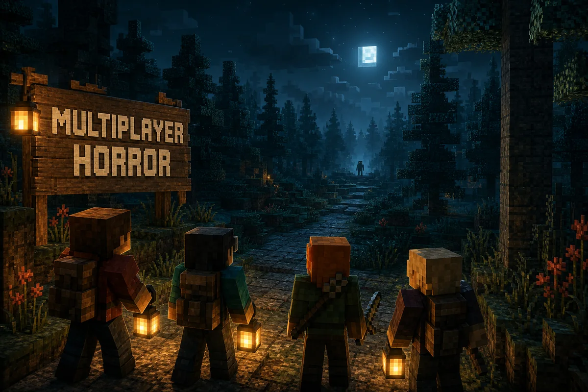 Editorial Minecraft-style night scene with four friends exploring together while a distant horror presence watches