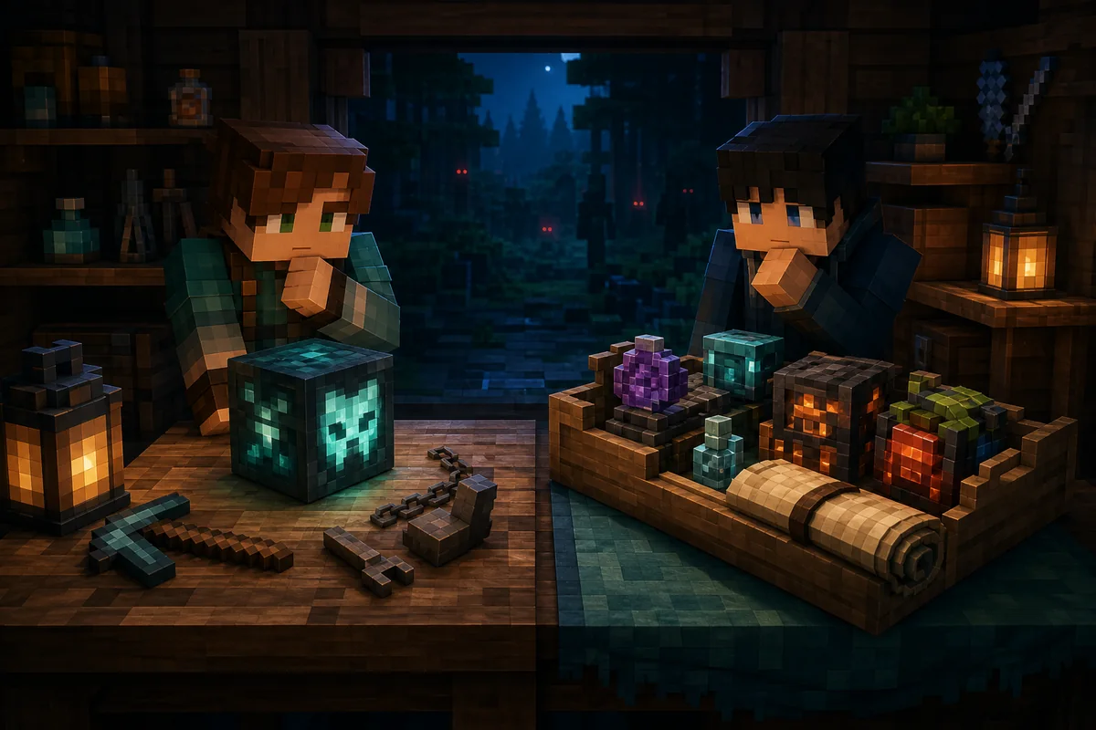 Editorial split scene comparing one controlled horror mod with a complete multiplayer modpack profile