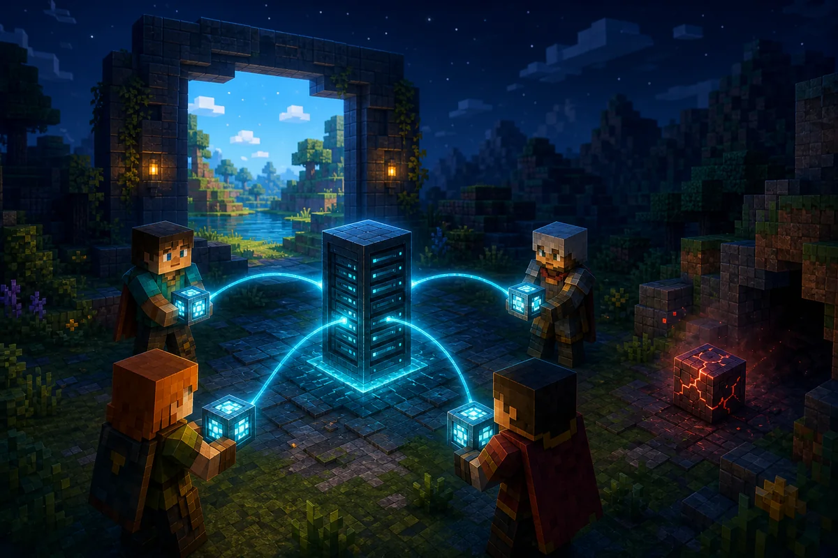 Editorial Minecraft-style server synchronization scene showing matching client profiles and a stable shared world
