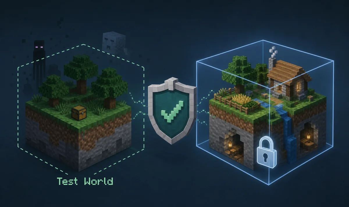 Minecraft style test world separated from a protected main world for Verity BE