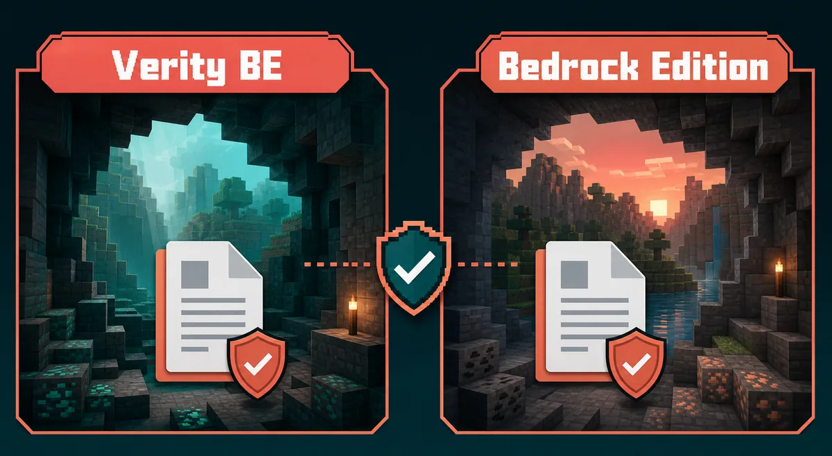Comparison graphic separating Verity BE from Verity Bedrock Edition source choices